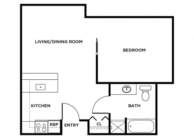 Floor plan for 1 bed, 1 bath, 587 sqft