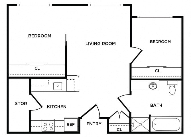 Floor plan for 2 beds, 1 bath, 649 sqft