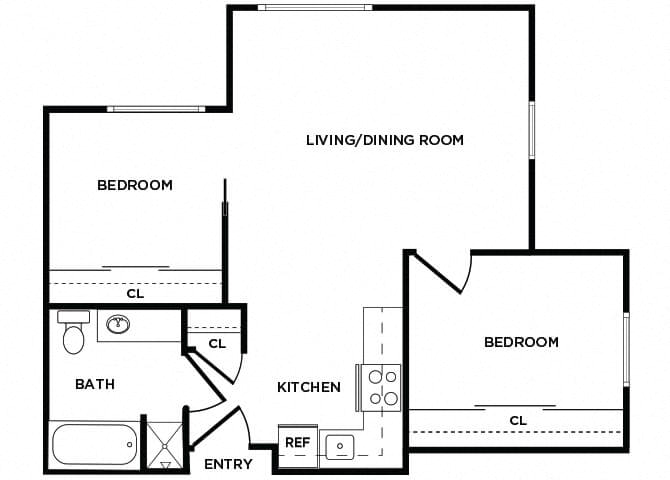 Floor plan for 2 beds, 1 bath, 678 sqft