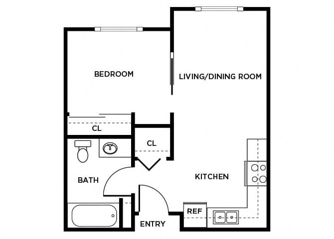 Floor plan for 1 bed, 1 bath, 446 sqft
