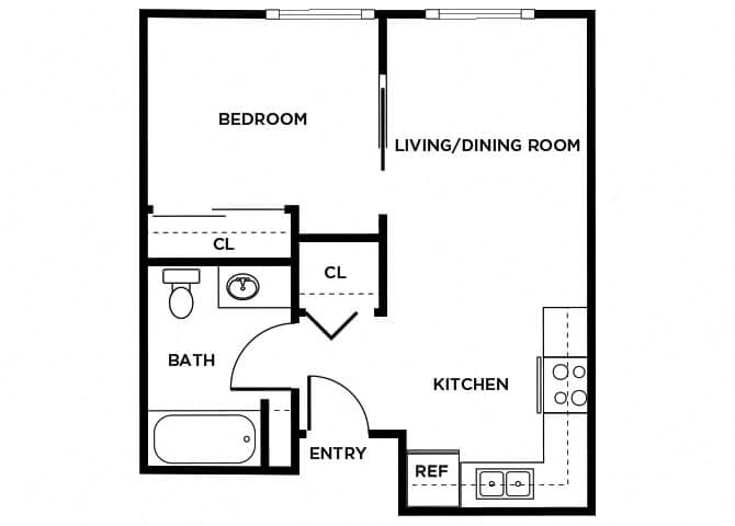 Floor plan for 1 bed, 1 bath, 469 sqft