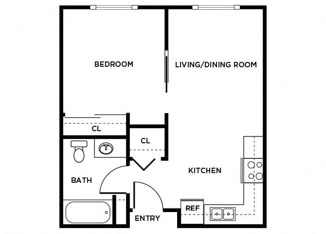 Floor plan for 1 bed, 1 bath, 474 sqft