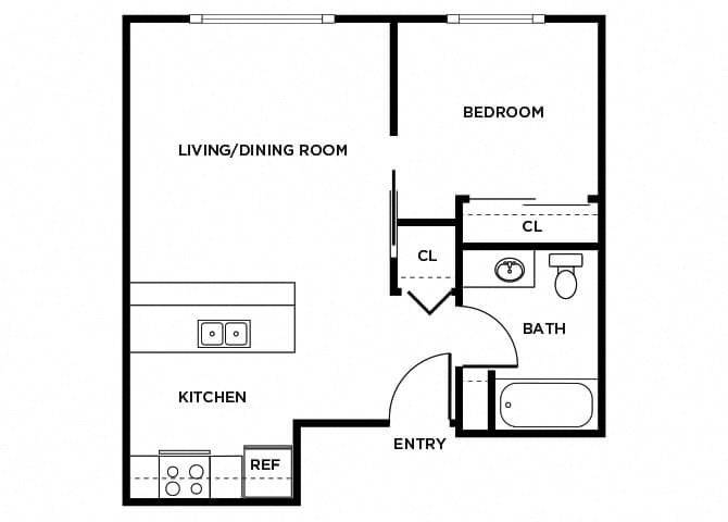 Floor plan for 1 bed, 1 bath, 535 sqft