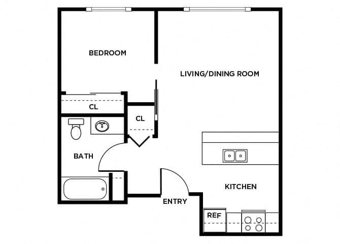 Floor plan for 1 bed, 1 bath, 538 sqft
