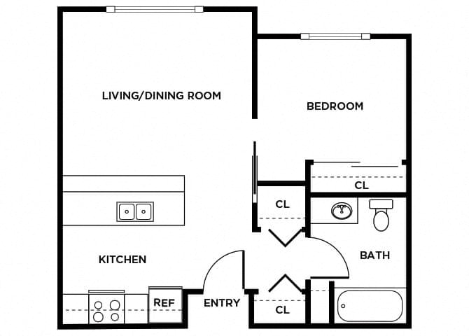 Floor plan for 1 bed, 1 bath, 541 sqft