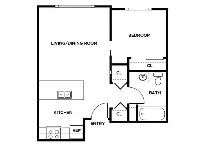 Floor plan for 1 bed, 1 bath, 545 sqft
