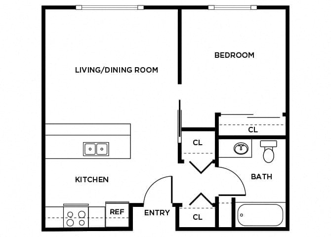 Floor plan for 1 bed, 1 bath, 562 sqft