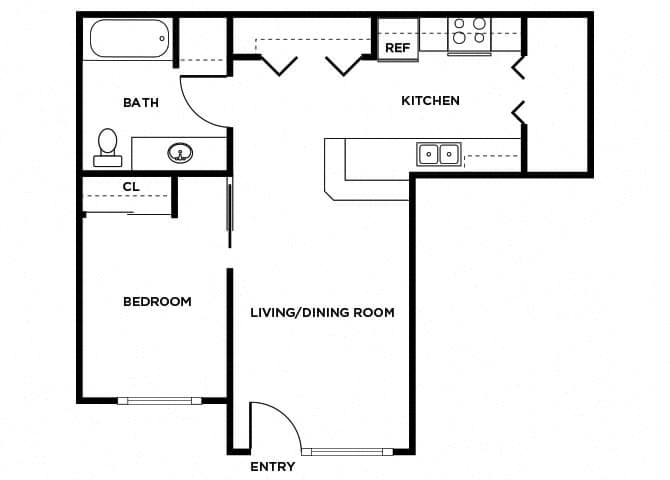 Floor plan for 1 bed, 1 bath, 585 sqft