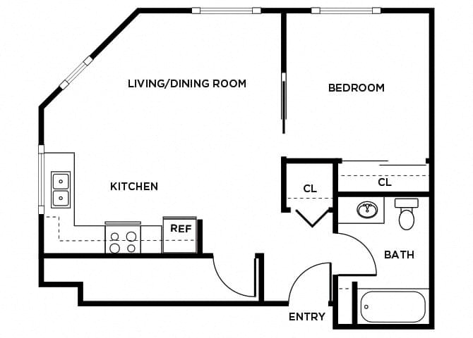 Floor plan for 1 bed, 1 bath, 605 sqft