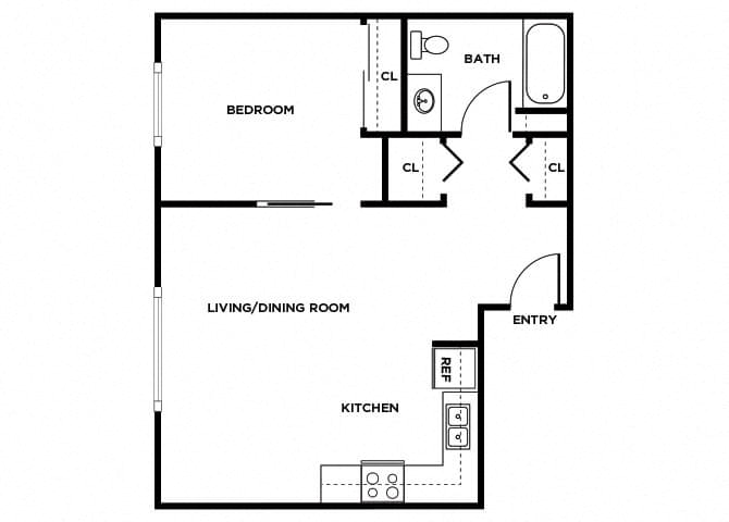 Floor plan for 1 bed, 1 bath, 613 sqft