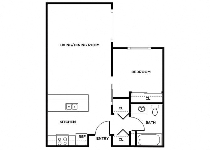 Floor plan for 1 bed, 1 bath, 648 sqft
