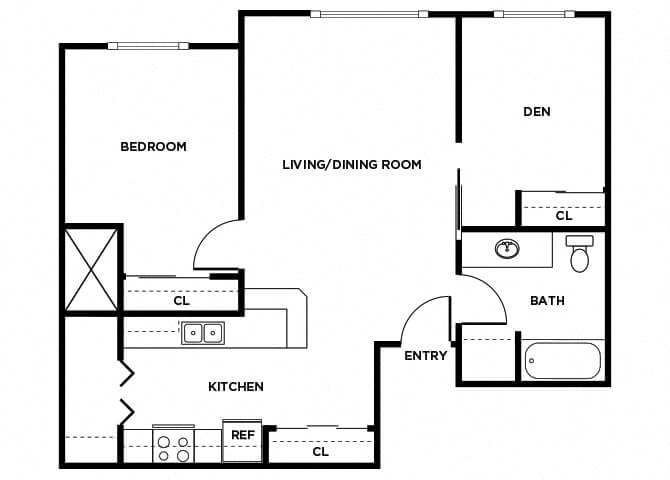 Floor plan for 1 bed, 1 bath, 838 sqft
