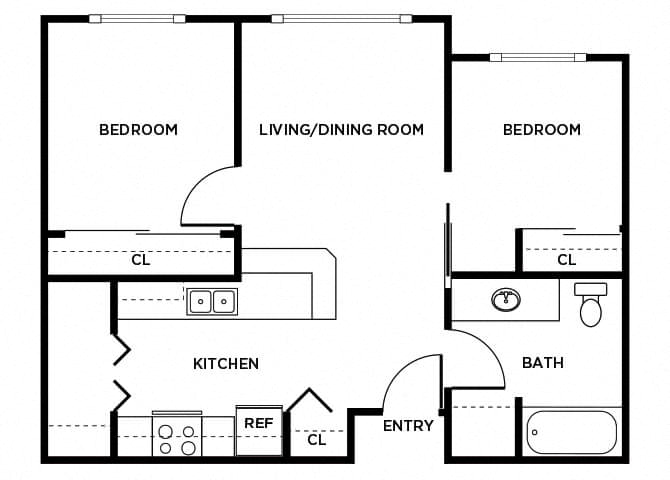 Floor plan for 2 beds, 1 bath, 651 sqft