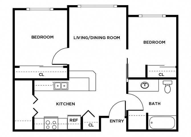 Floor plan for 2 beds, 1 bath, 656 sqft