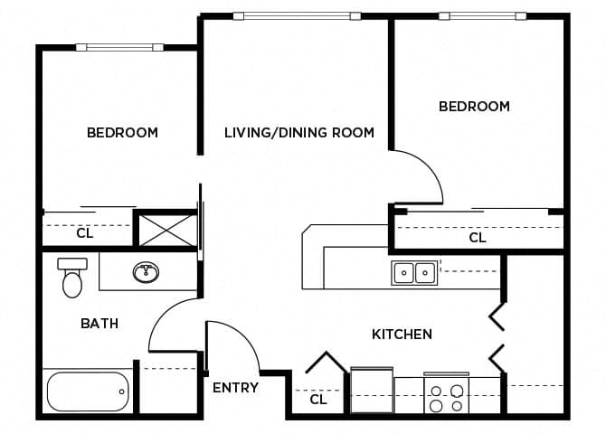 Floor plan for 2 beds, 1 bath, 661 sqft