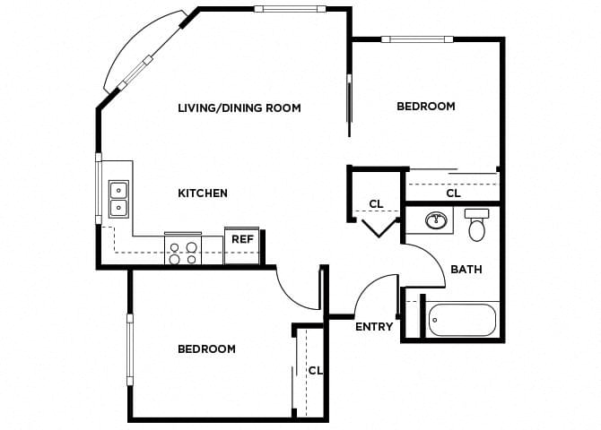 Floor plan for 2 beds, 1 bath, 663 sqft