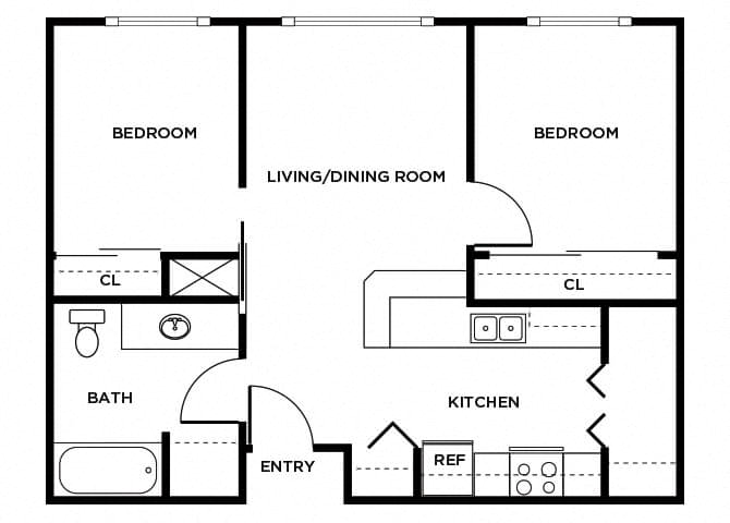 Floor plan for 2 beds, 1 bath, 678 sqft