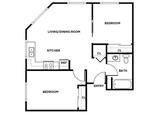 Floor plan for 2 beds, 1 bath, 704 sqft