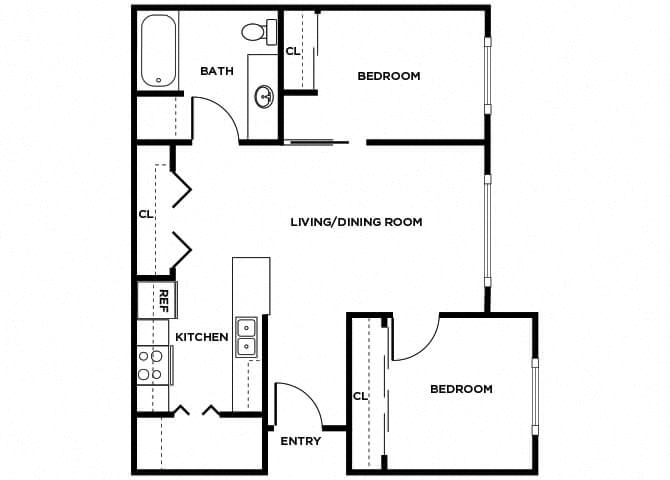 Floor plan for 2 beds, 1 bath, 707 sqft