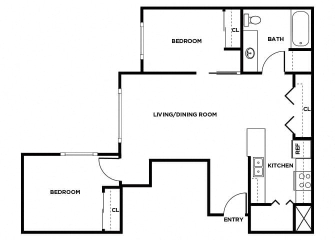 Floor plan for 2 beds, 1 bath, 784 sqft