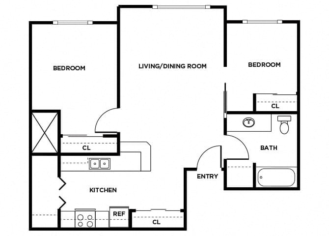Floor plan for 2 beds, 1 bath, 816 sqft