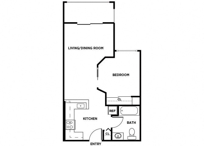 Floor plan for 1 bed, 1 bath, 530 sqft
