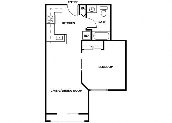 Floor plan for 1 bed, 1 bath, 580 sqft