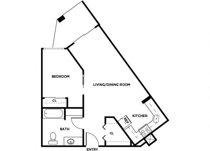 Floor plan for 1 bed, 1 bath, 635 sqft