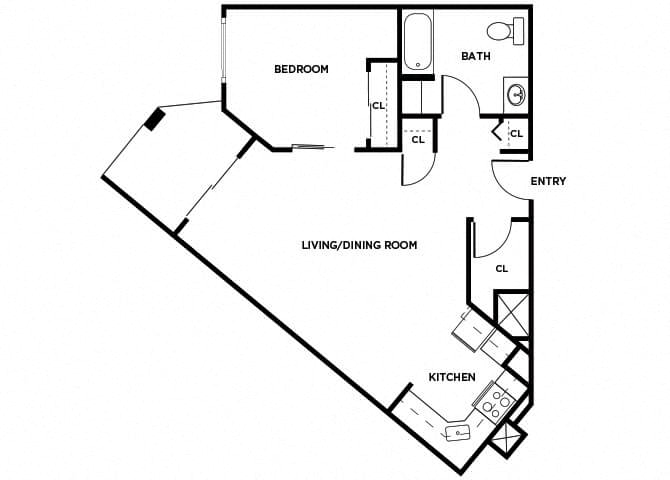 Floor plan for 1 bed, 1 bath, 710 sqft
