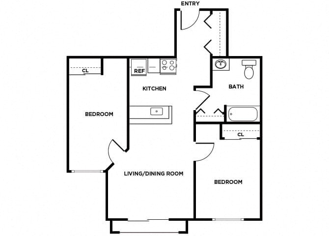Floor plan for 2 beds, 1 bath, 672 sqft