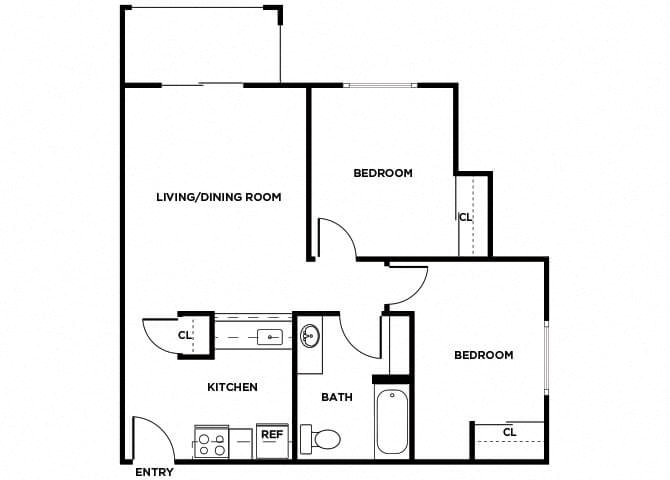 Floor plan for 2 beds, 1 bath, 713 sqft