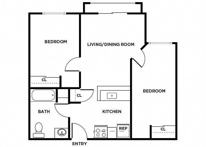 Floor plan for 2 beds, 1 bath, 730 sqft