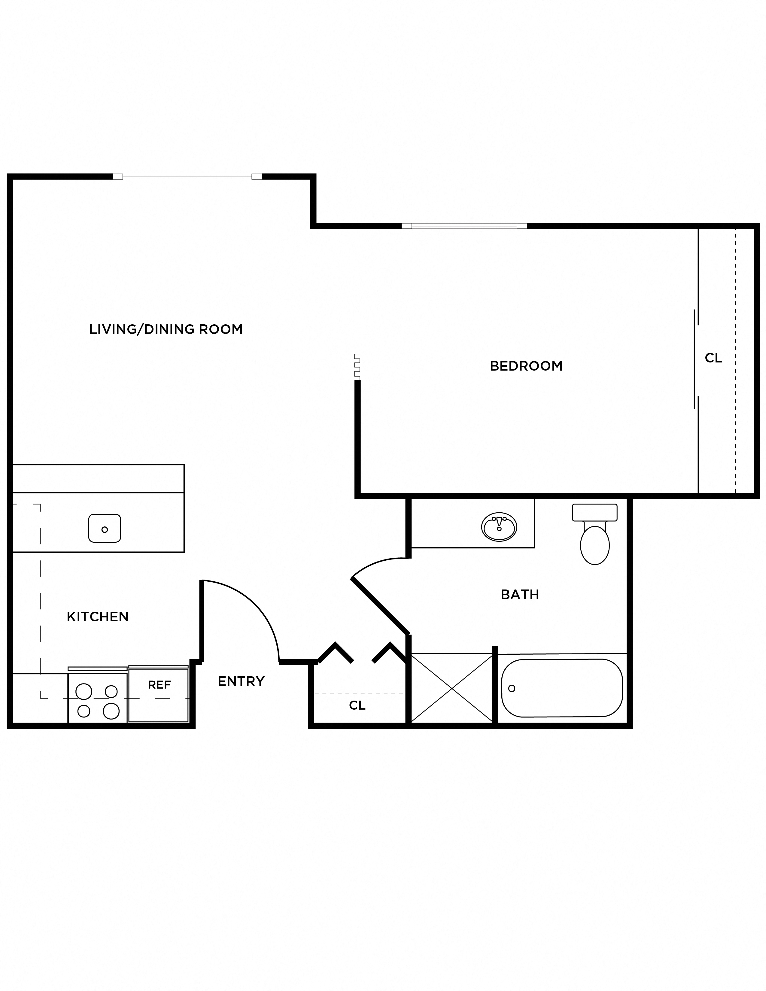 Floor plan for 1 bed, 1 bath, 597 sqft