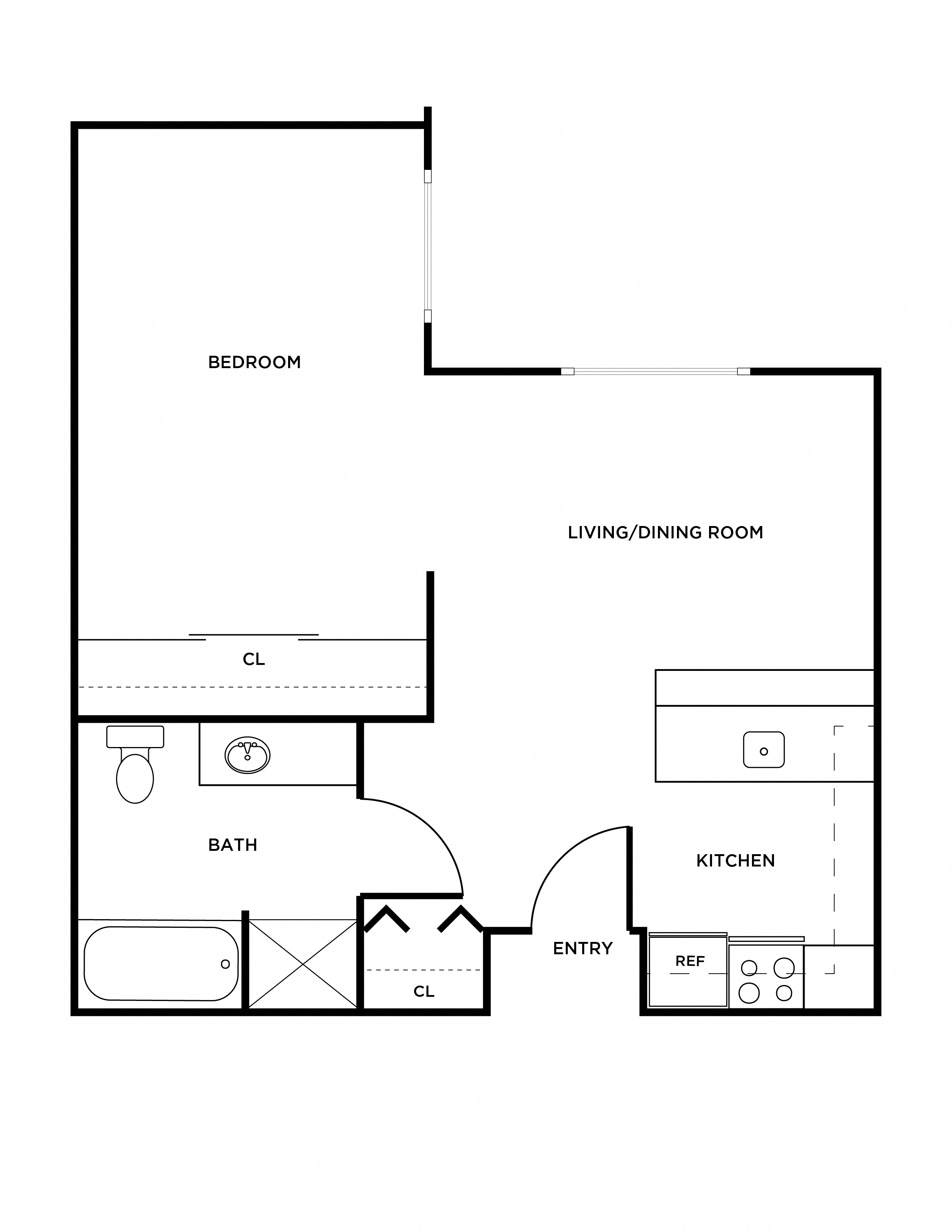 Floor plan for 1 bed, 1 bath, 598 sqft