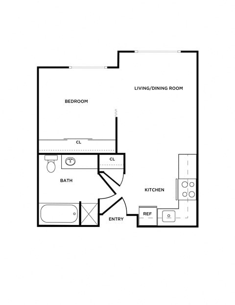 Floor plan for 1 bed, 1 bath, 435 sqft