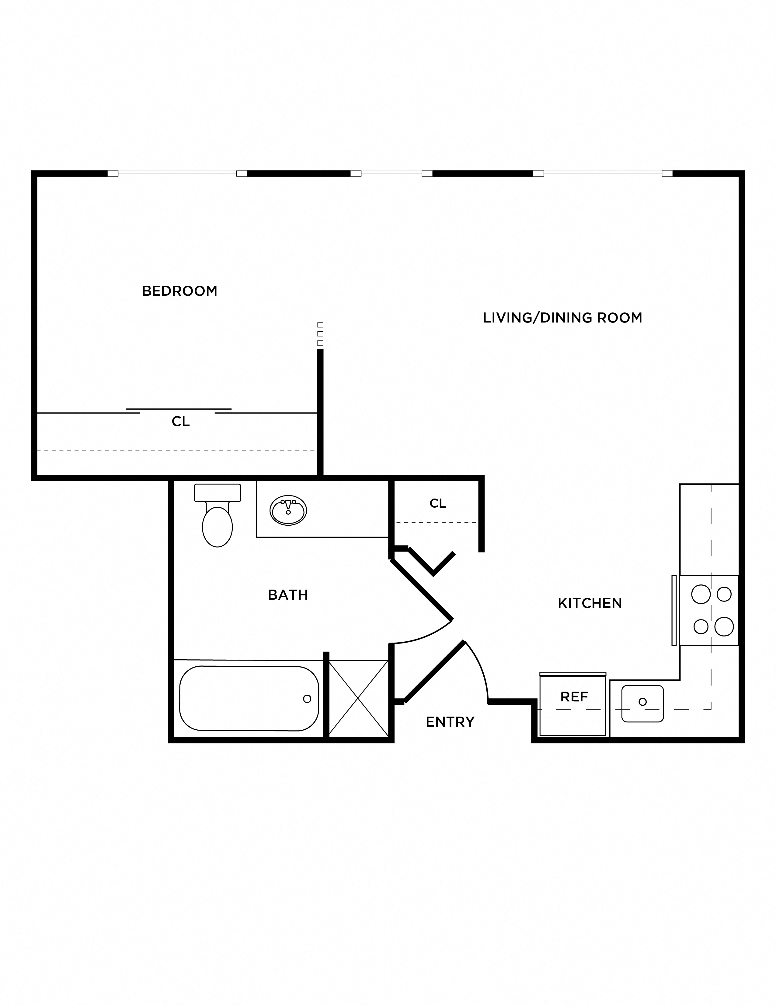 Floor plan for 1 bed, 1 bath, 478 sqft