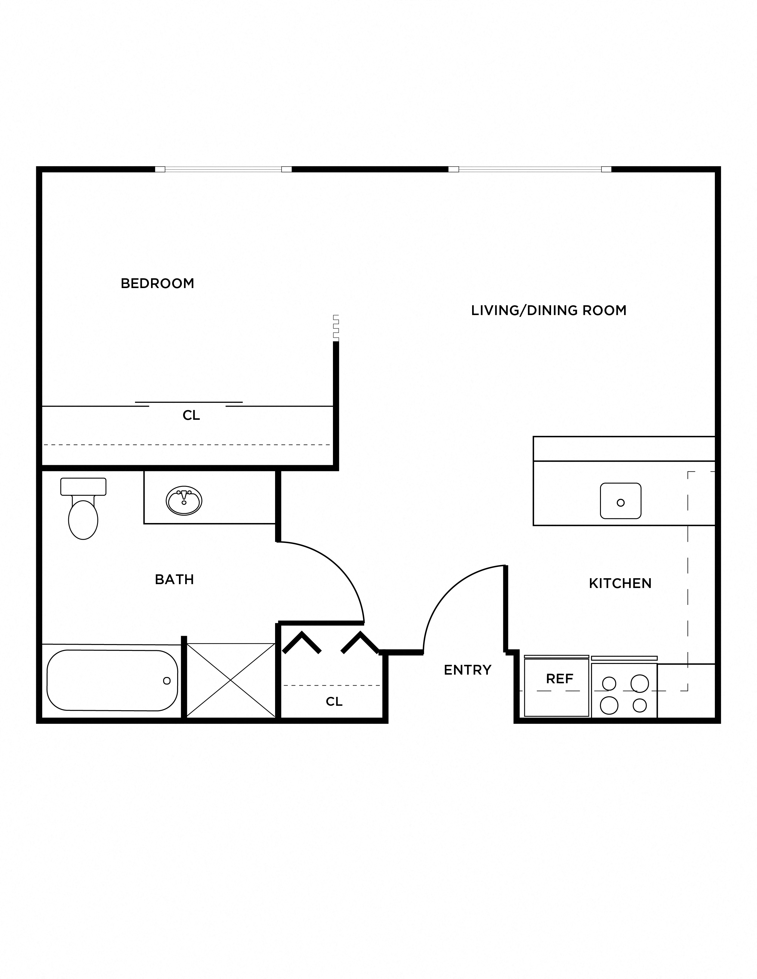 Floor plan for 1 bed, 1 bath, 512 sqft