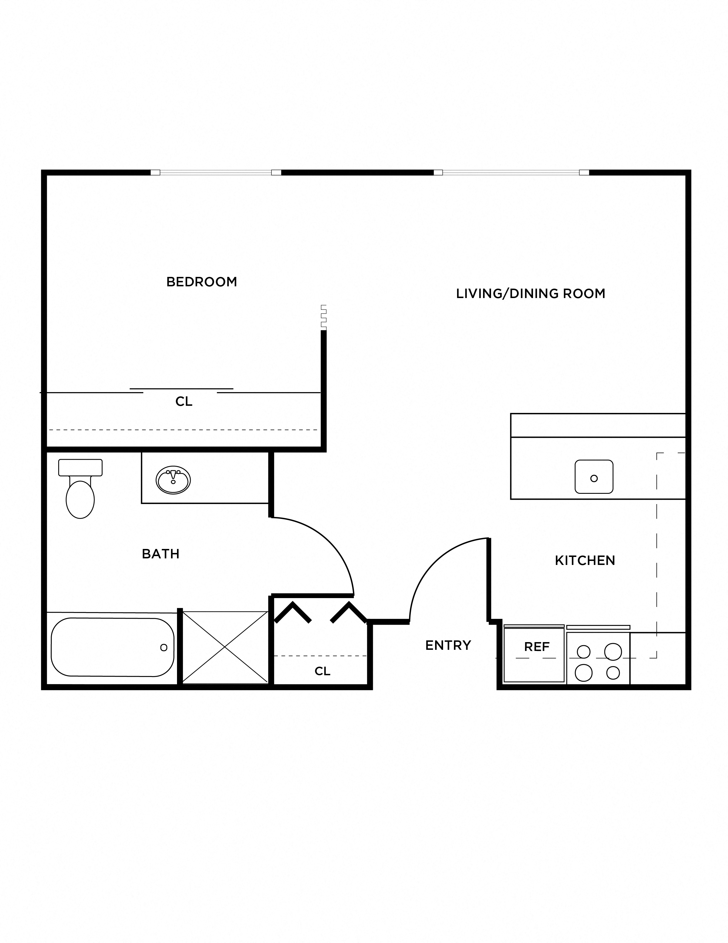 Floor plan for 1 bed, 1 bath, 516 sqft