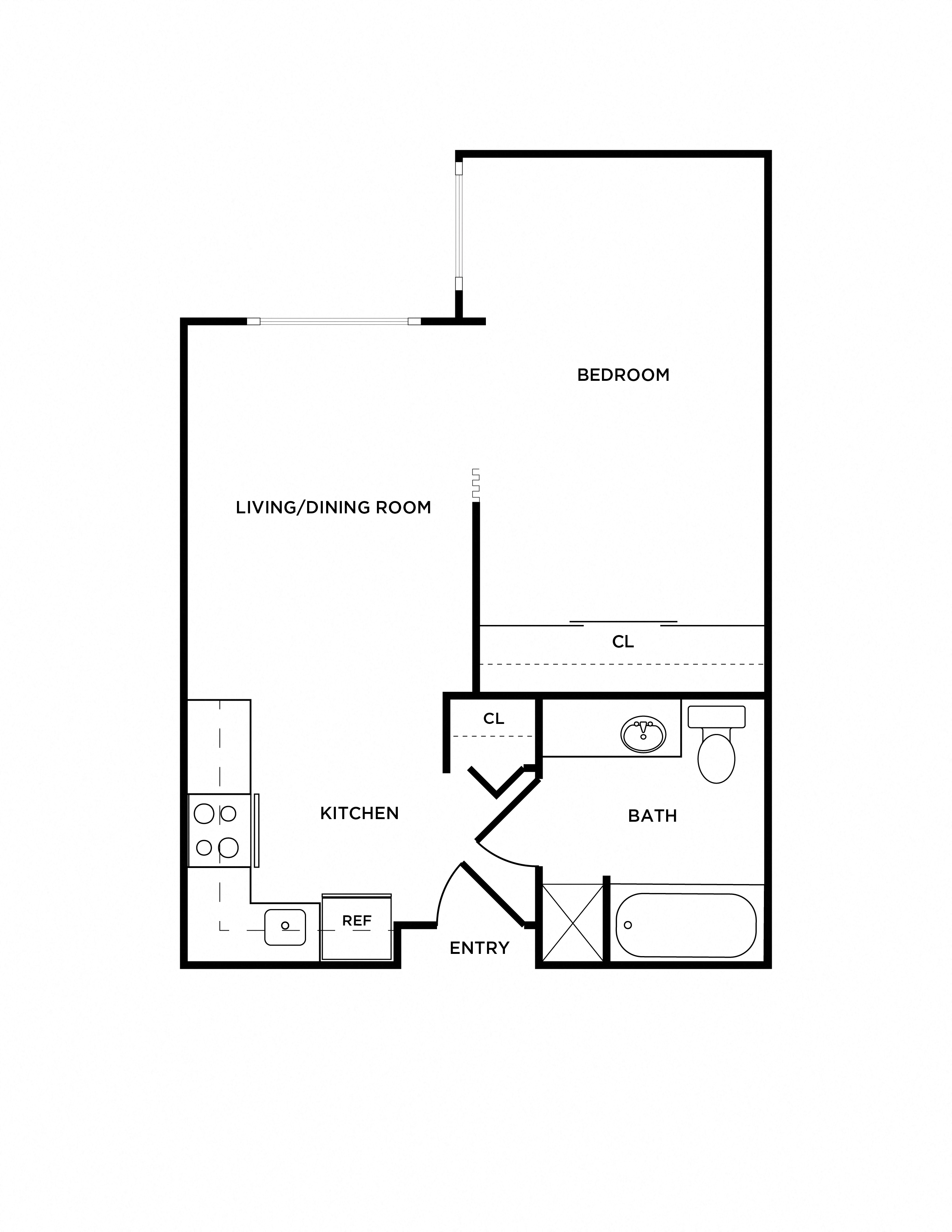 Floor plan for 1 bed, 1 bath, 521 sqft