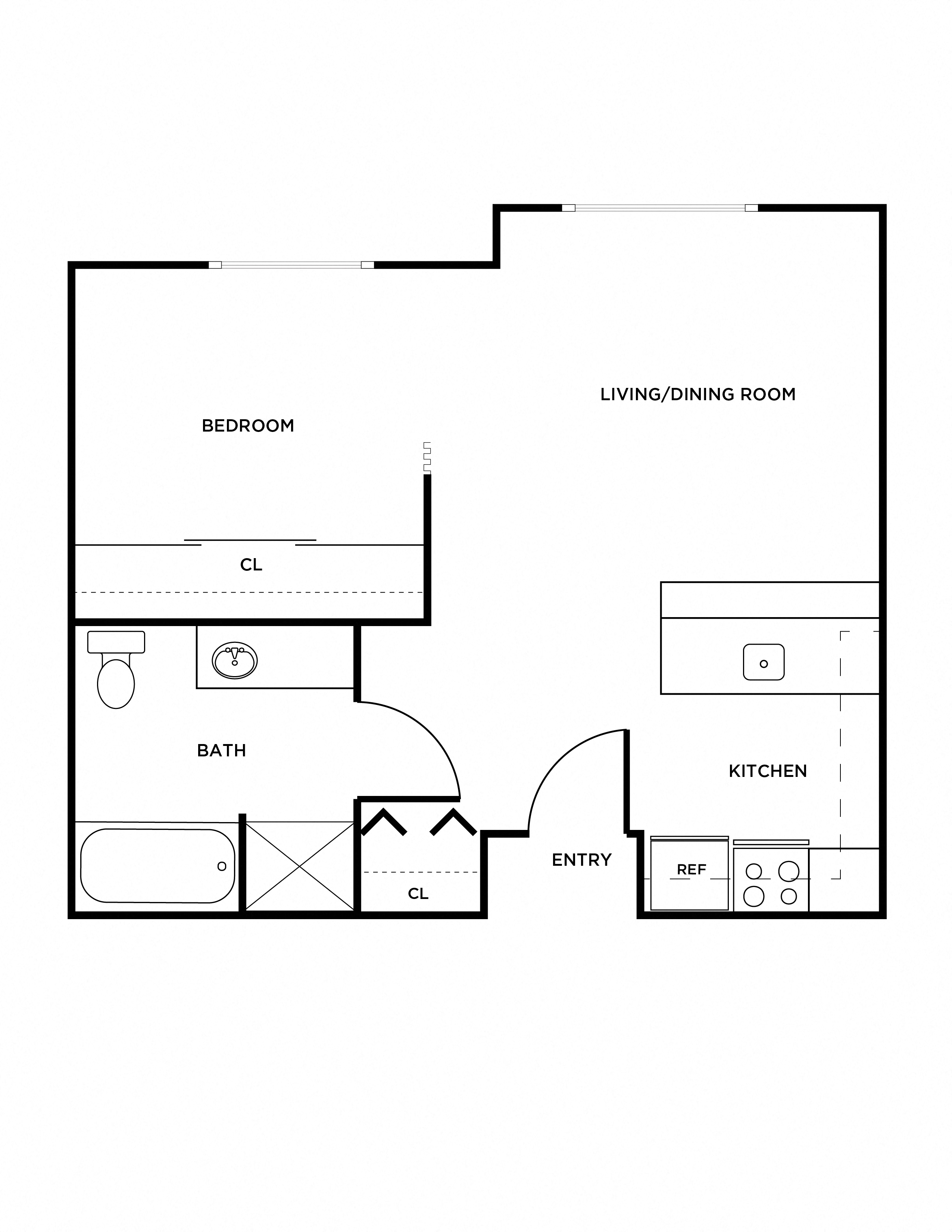 Floor plan for 1 bed, 1 bath, 530 sqft