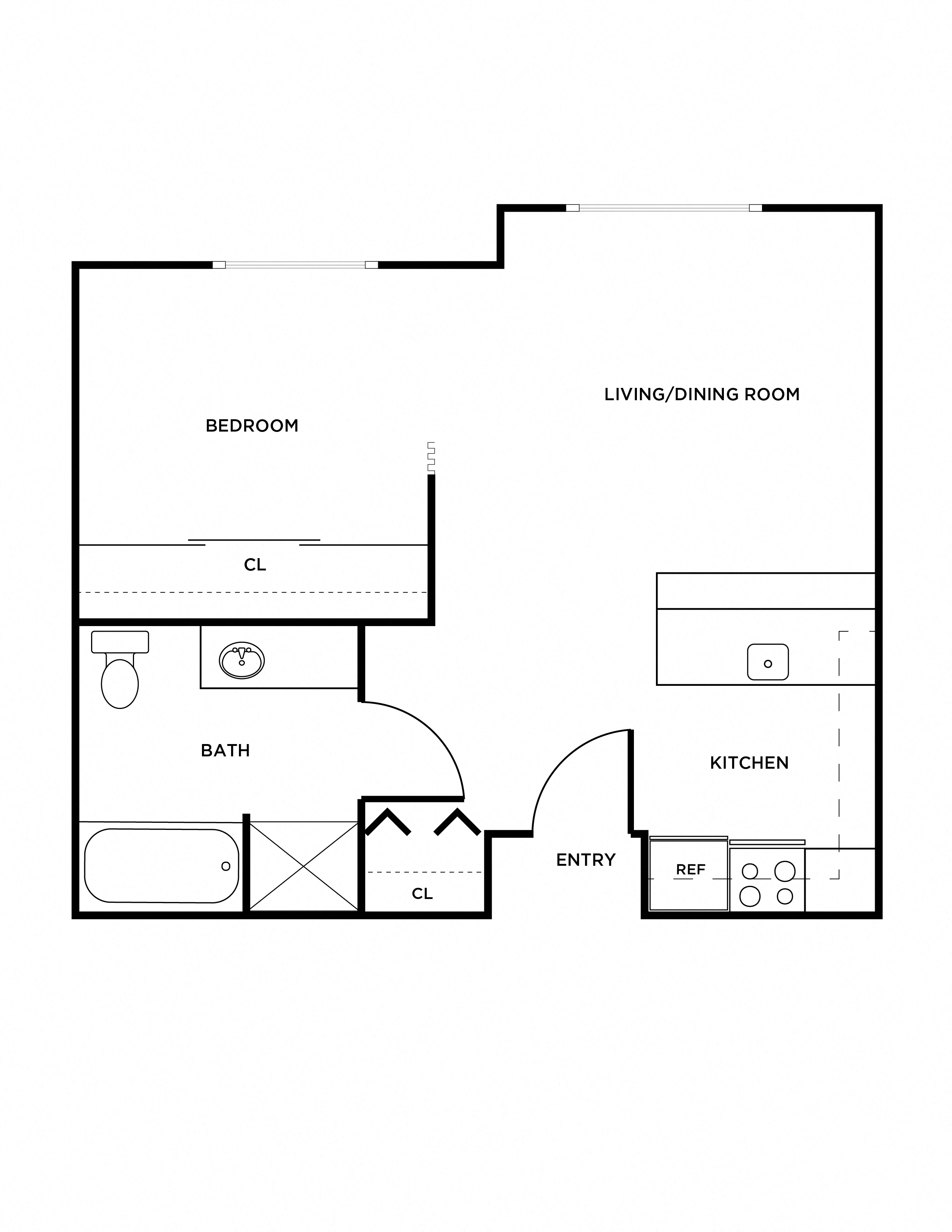 Floor plan for 1 bed, 1 bath, 537 sqft