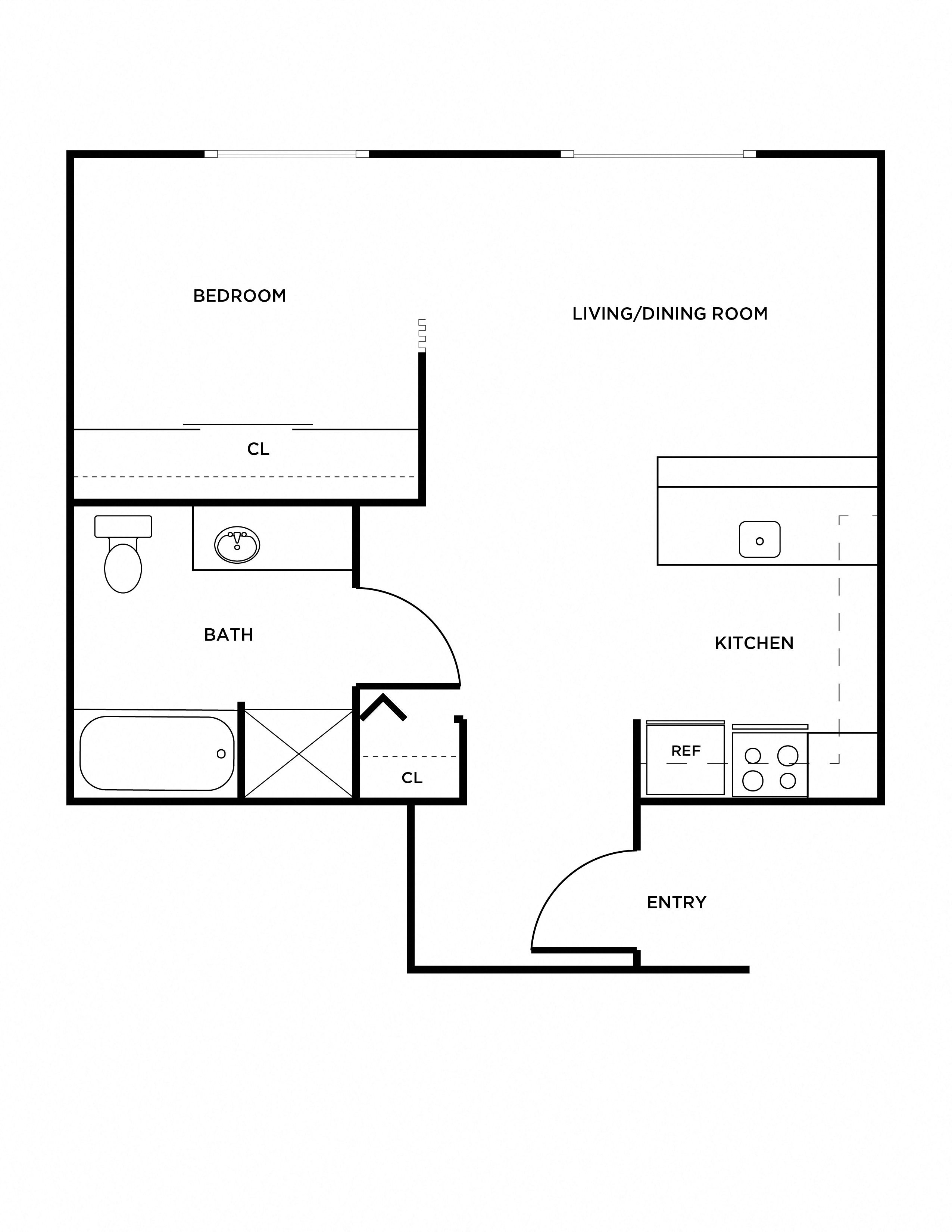 Floor plan for 1 bed, 1 bath, 561 sqft