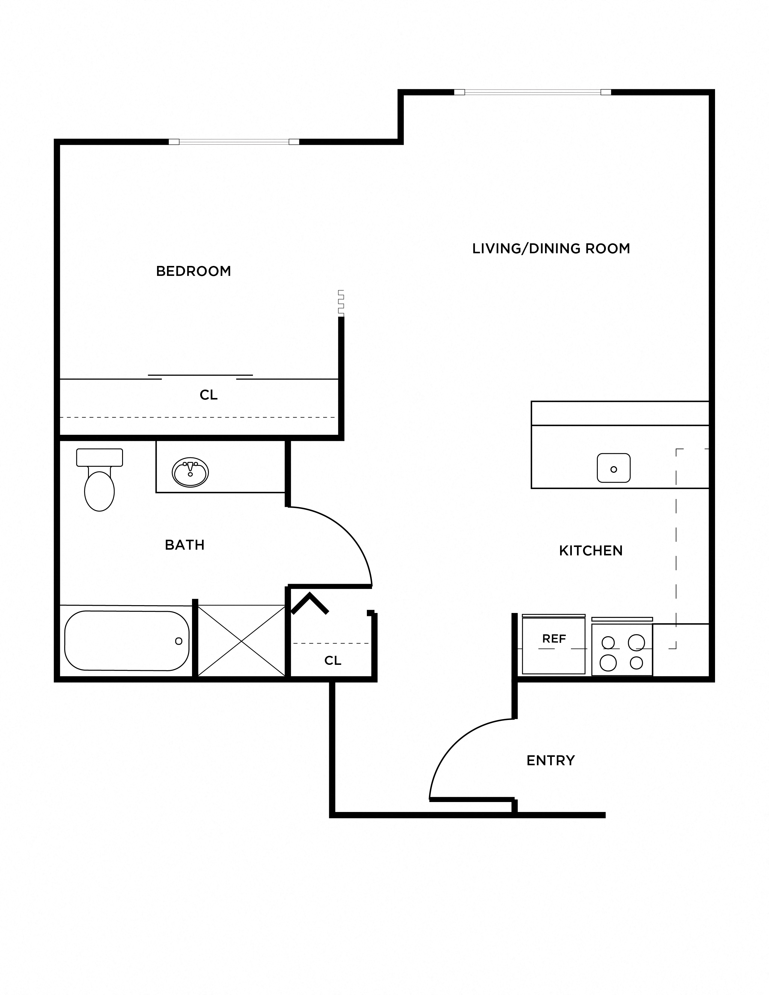 Floor plan for 1 bed, 1 bath, 586 sqft