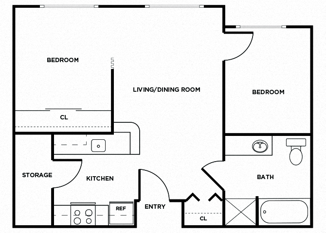 Floor plan for 2 beds, 1 bath, 659 sqft