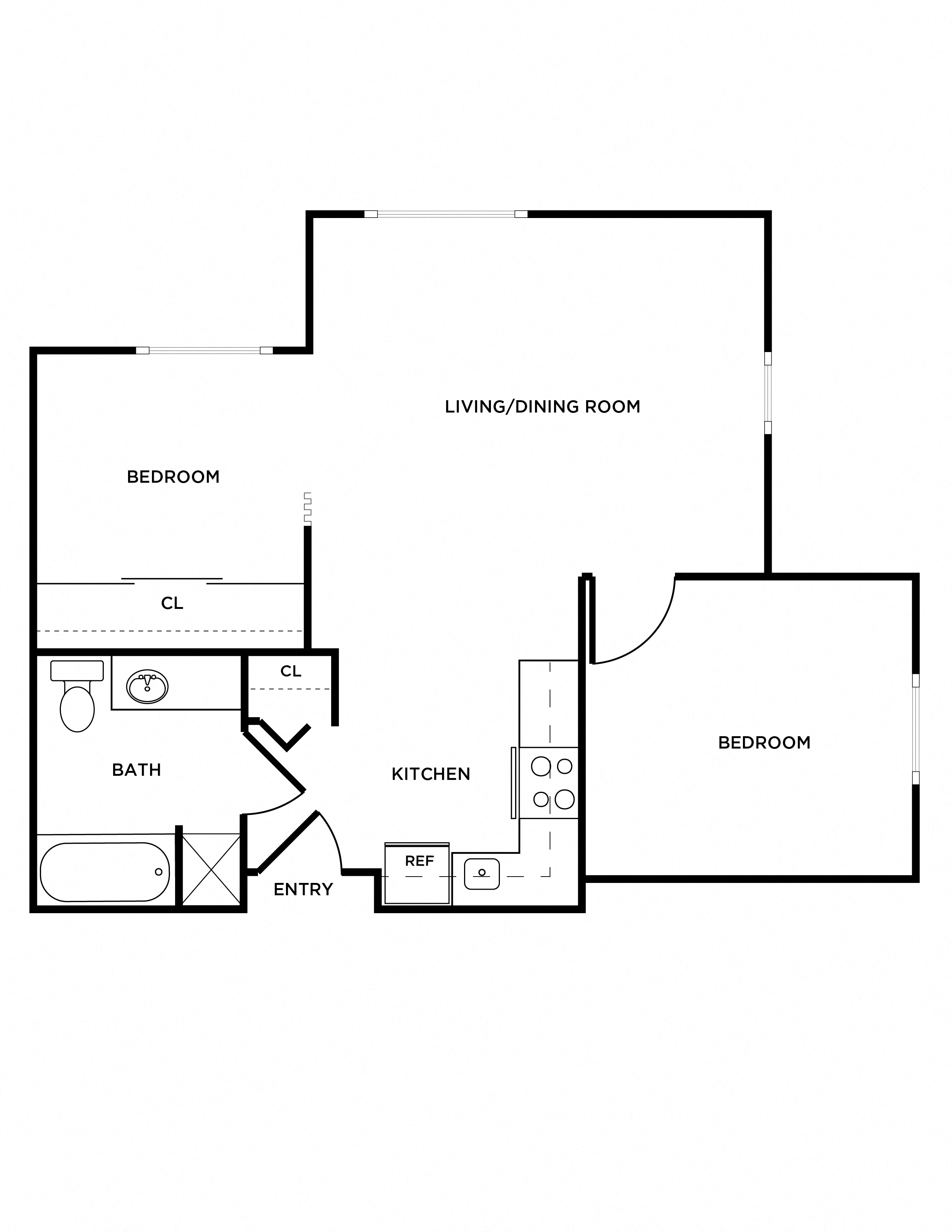Floor plan for 2 beds, 1 bath, 689 sqft