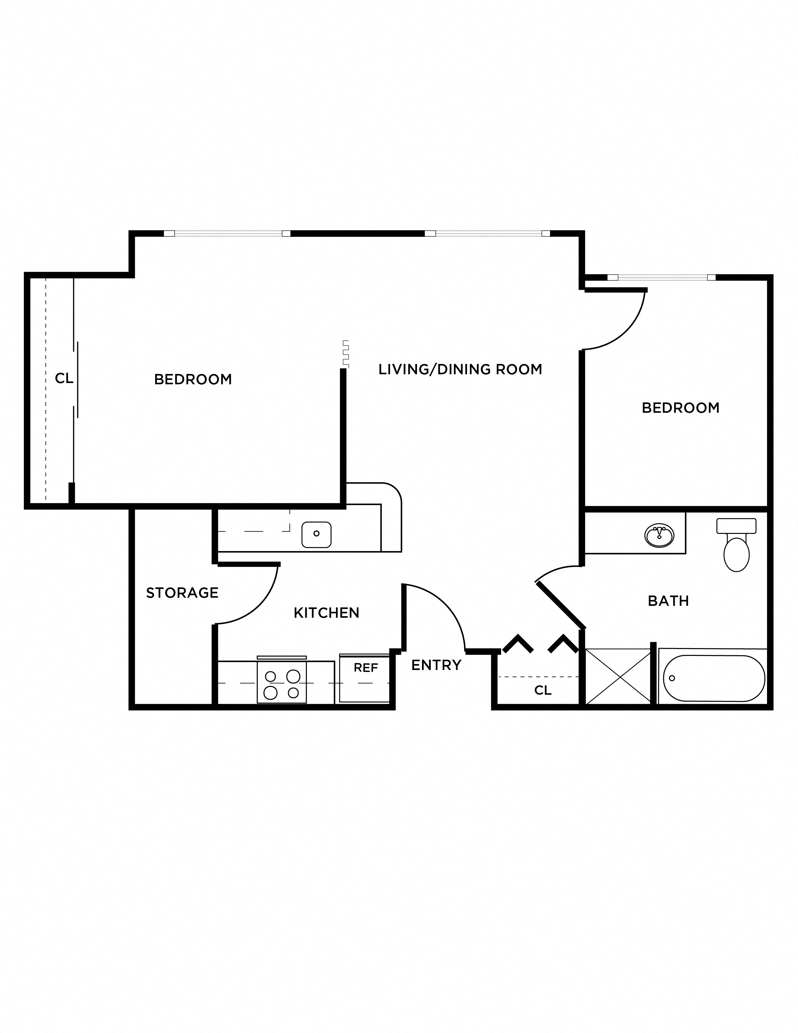 Floor plan for 2 beds, 1 bath, 713 sqft