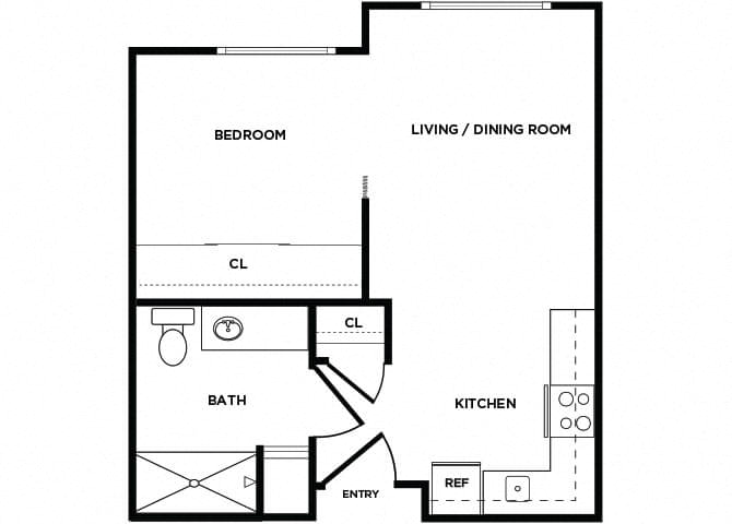 Floor plan for 1 bed, 1 bath, 431 sqft