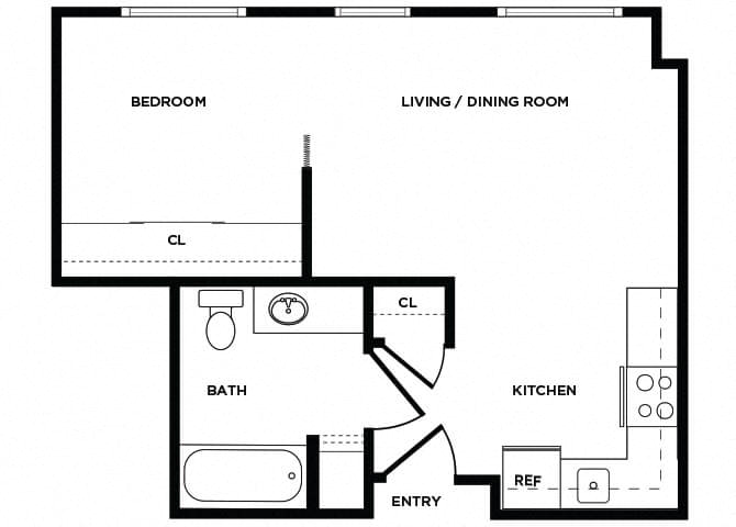 Floor plan for 1 bed, 1 bath, 441 sqft