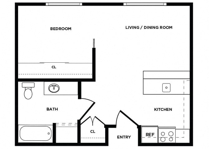 Floor plan for 1 bed, 1 bath, 477 sqft