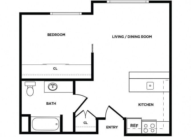 Floor plan for 1 bed, 1 bath, 495 sqft
